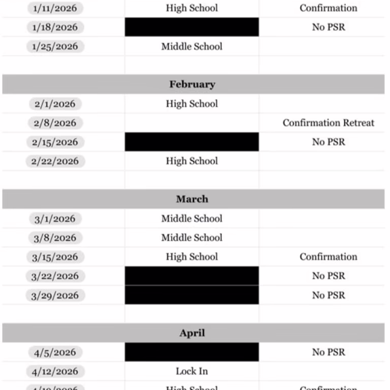 Youth Group Schedule Spring 2026